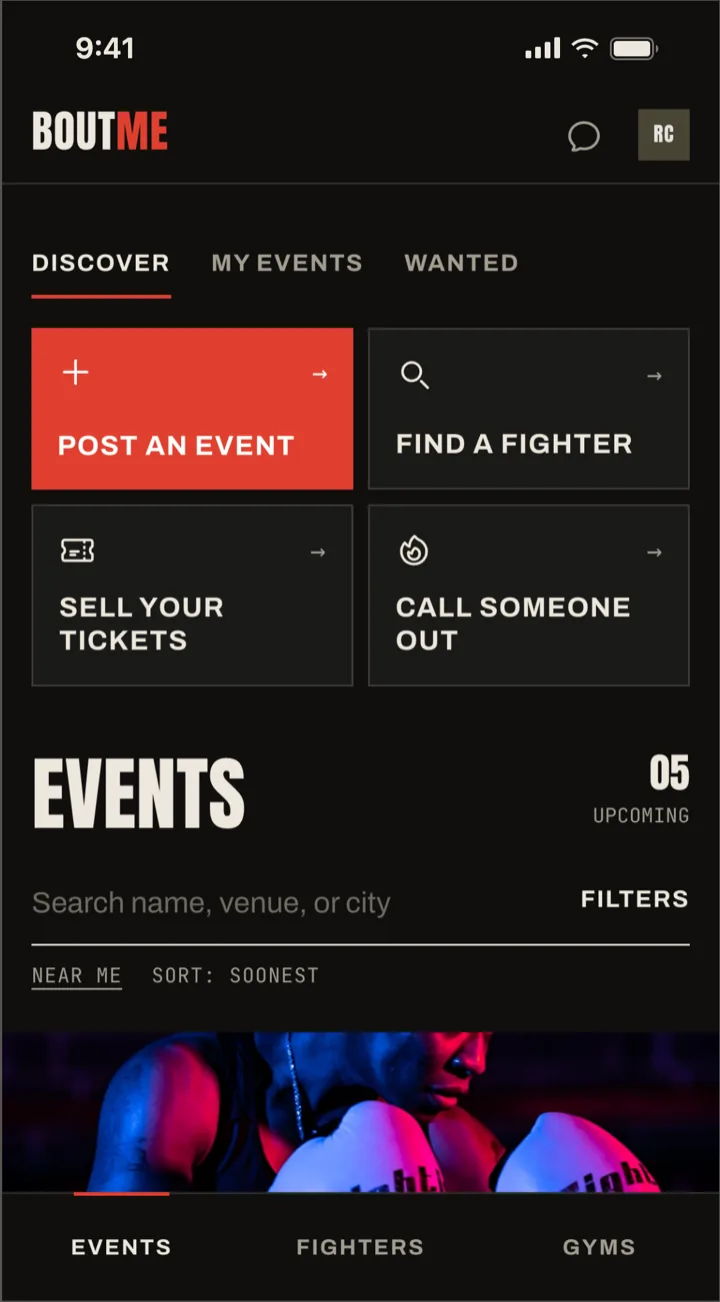BoutMe events screen: fight nights near you, with search and filters