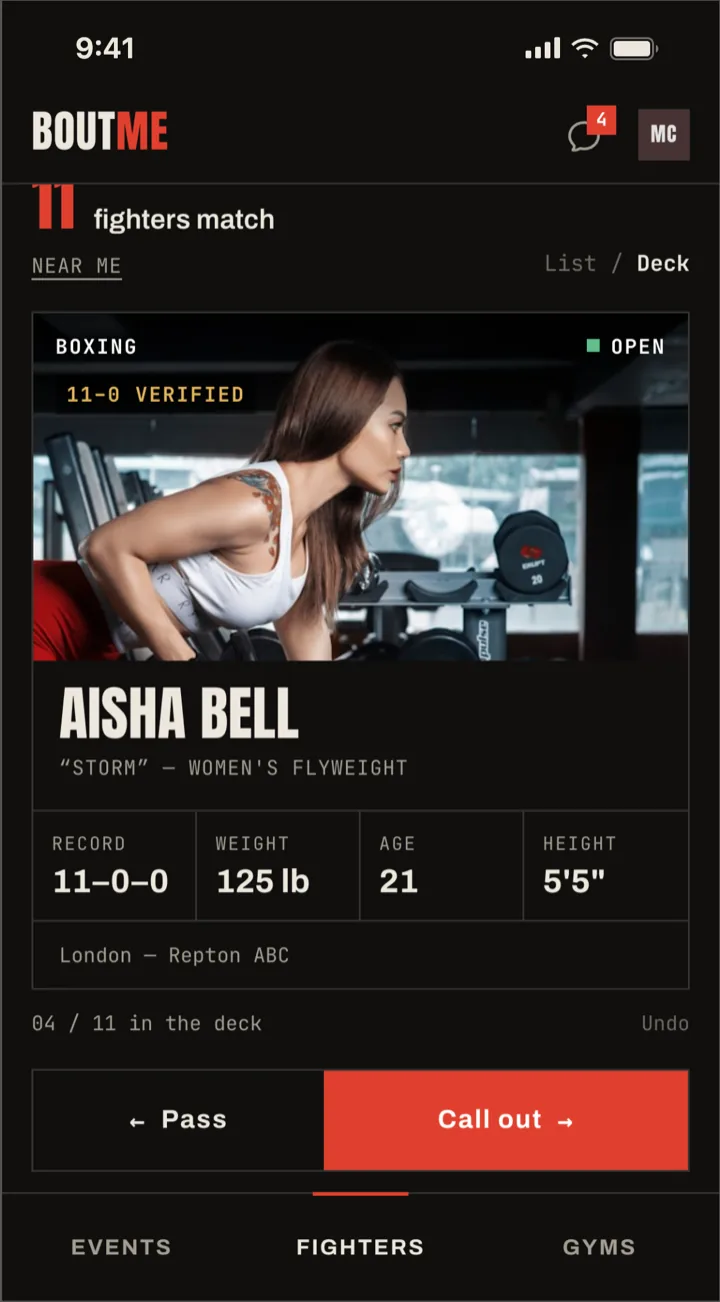 BoutMe fighter card showing record, weight, age and height, with Pass and Call out buttons